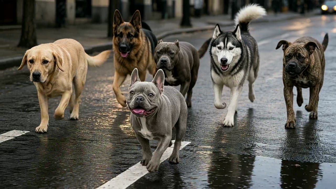 Raja leading a pack of dogs down a rain-wet city street