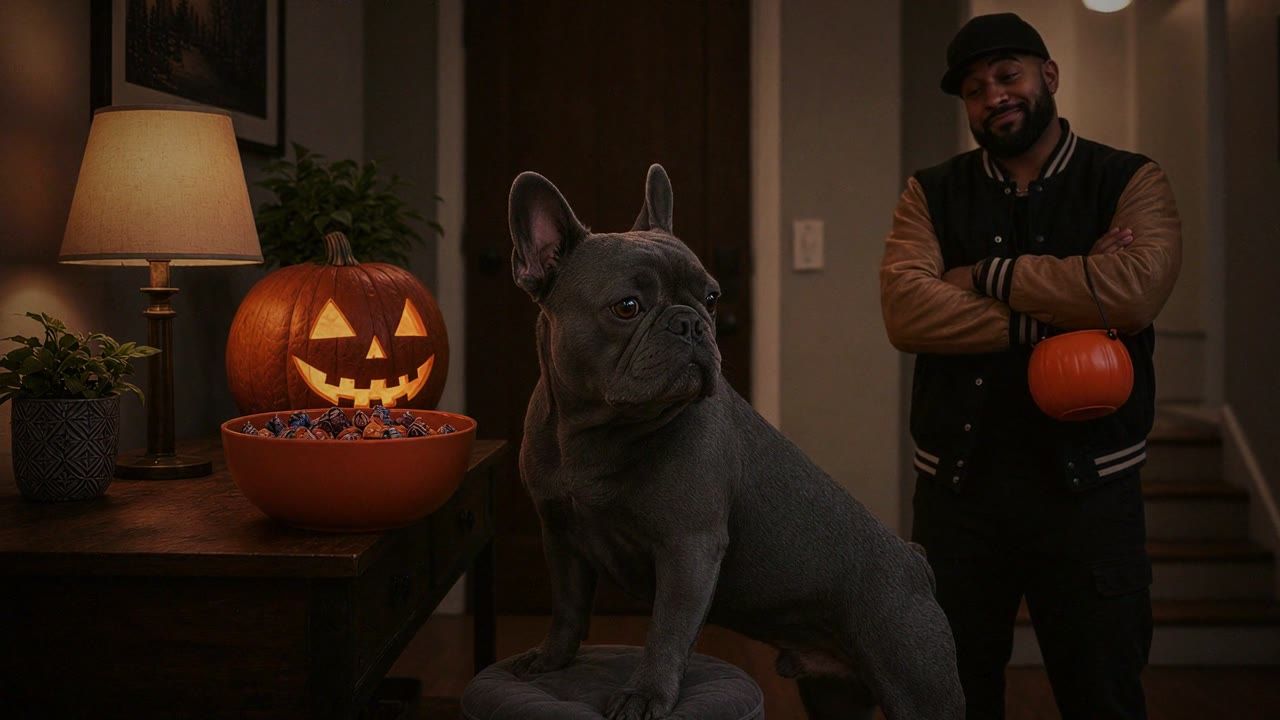 Raja, a grey French bulldog, in a dark living room lit by jack-o'-lanterns