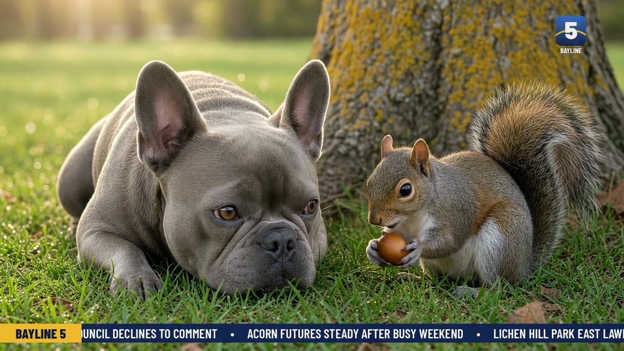 Raja lying in the grass beside a squirrel holding an acorn
