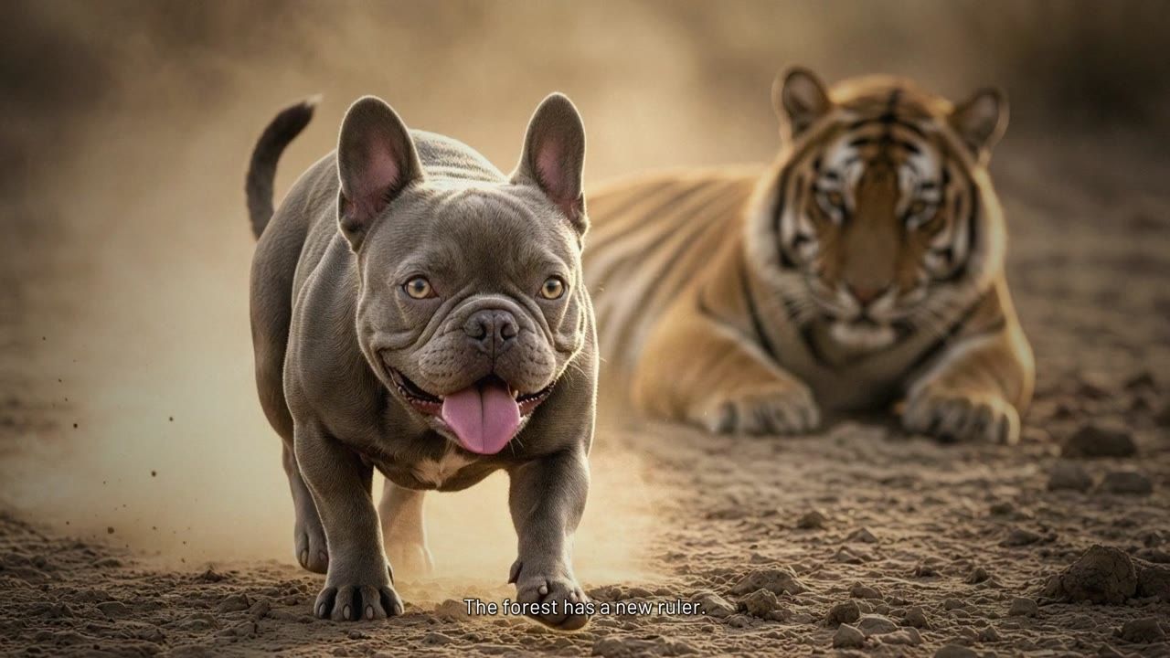 Raja trotting toward the camera through dust while a tiger lies flat behind him