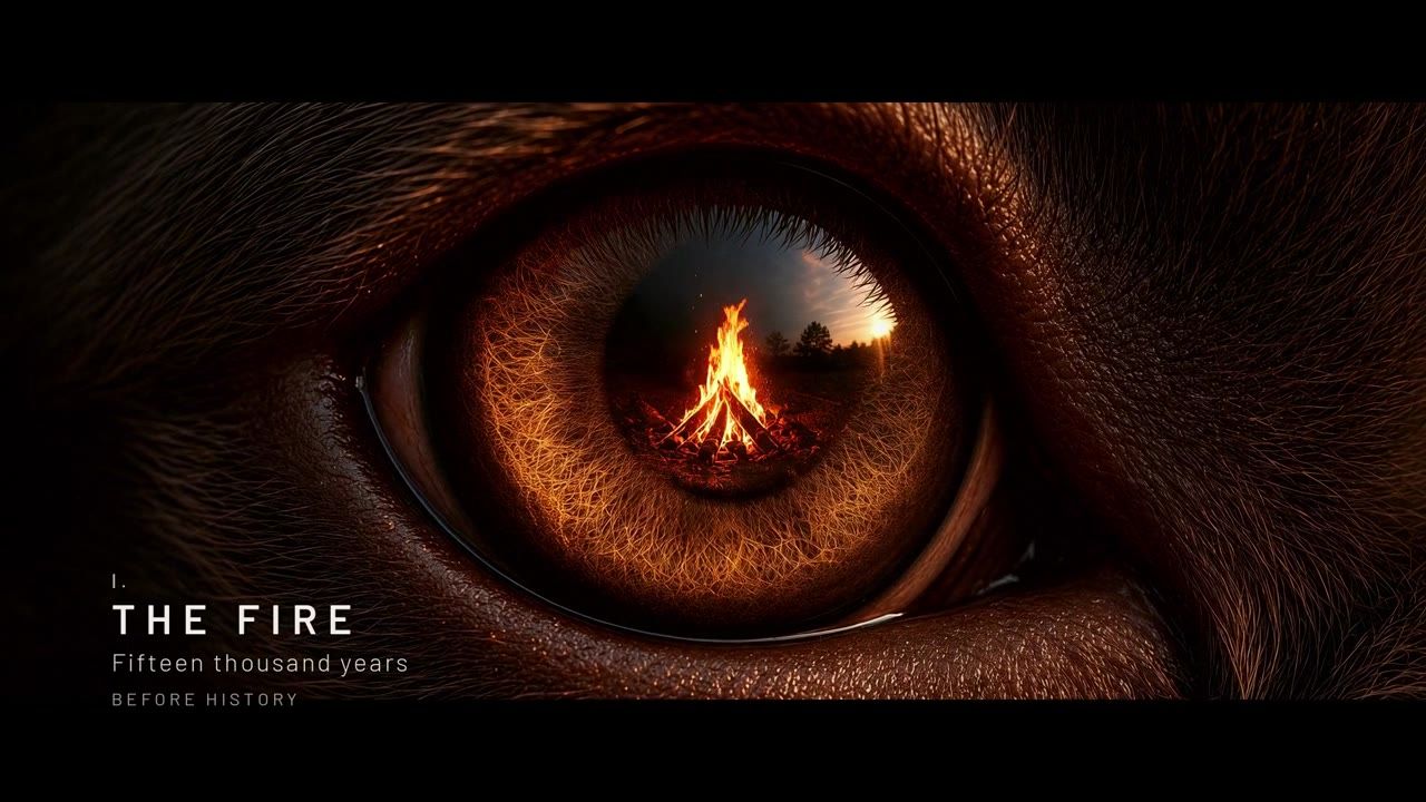 Extreme close-up of an amber eye reflecting a campfire, titled The Fire