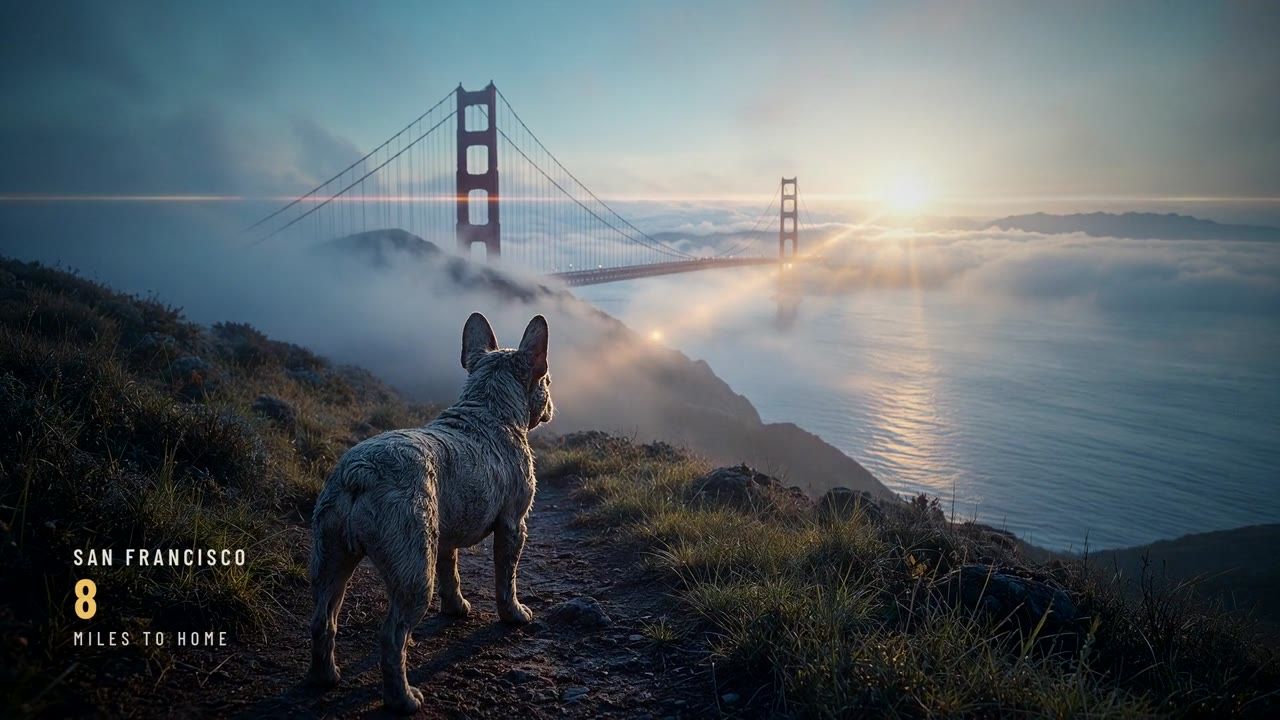 Raja on a foggy hillside above the Golden Gate Bridge at sunrise